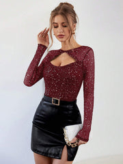 Privé Women'S Sparkling Hollow-Out Net Splice Twisted Knot T-Shirt - Hues