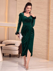 Modely Fuzzy Cuff Sweetheart Neck Wrap Hem Velvet Dress - Hues