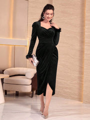 Modely Fuzzy Cuff Sweetheart Neck Wrap Hem Velvet Dress - Hues