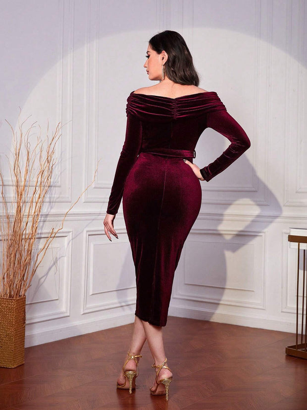 Modely Off Shoulder Ruched Asymmetrical Hem Belted Velvet Dress - Hues