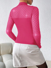 Privé Women's Rhinestone Embellished Mesh Stand Collar T-shirt - Hues