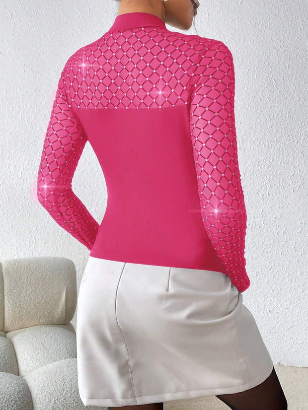 Privé Women's Rhinestone Embellished Mesh Stand Collar T-shirt - Hues