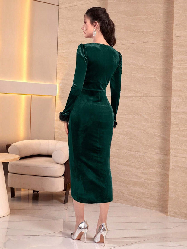 Modely Fuzzy Cuff Sweetheart Neck Wrap Hem Velvet Dress - Hues