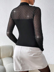Privé Women's Rhinestone Embellished Mesh Stand Collar T-shirt - Hues