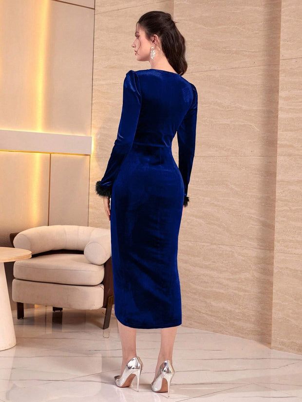 Modely Fuzzy Cuff Sweetheart Neck Wrap Hem Velvet Dress - Hues