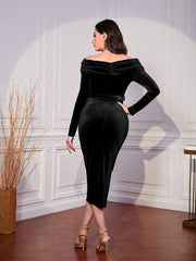 Modely Off Shoulder Ruched Asymmetrical Hem Belted Velvet Dress - Hues