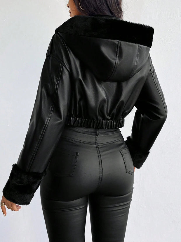 Privé Borg Collar Teddy Lined Crop PU Jacket - Hues