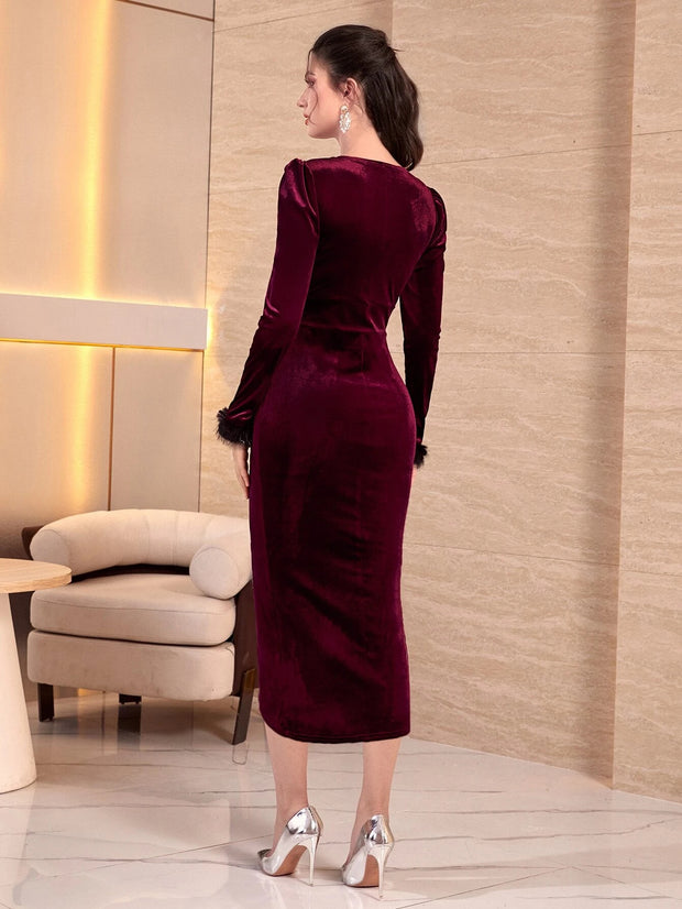 Modely Fuzzy Cuff Sweetheart Neck Wrap Hem Velvet Dress - Hues
