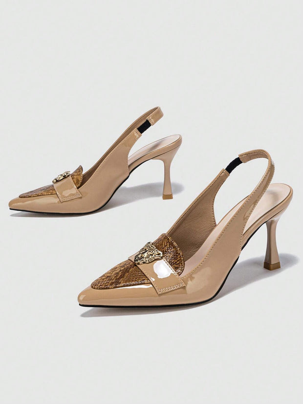 Snakeskin Embossed Metal Decor Point Toe Pyramid Heeled Slingback Pumps - Hues