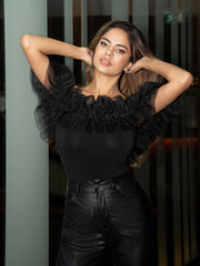 BAE Exaggerate Layered Mesh Ruffle Trim Bardot Top - Hues