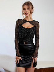 Privé Women'S Sparkling Hollow-Out Net Splice Twisted Knot T-Shirt - Hues