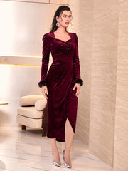Modely Fuzzy Cuff Sweetheart Neck Wrap Hem Velvet Dress - Hues