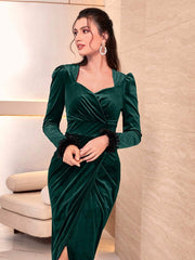Modely Fuzzy Cuff Sweetheart Neck Wrap Hem Velvet Dress - Hues