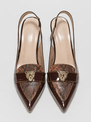 Snakeskin Embossed Metal Decor Point Toe Pyramid Heeled Slingback Pumps - Hues