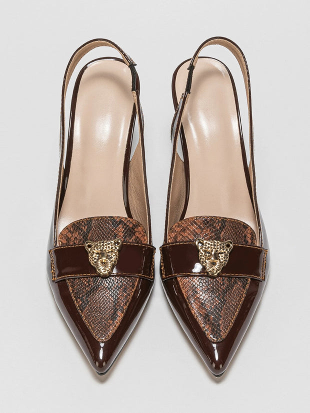 Snakeskin Embossed Metal Decor Point Toe Pyramid Heeled Slingback Pumps - Hues