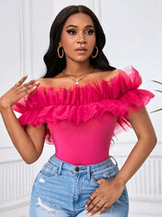 BAE Exaggerate Layered Mesh Ruffle Trim Bardot Top - Hues