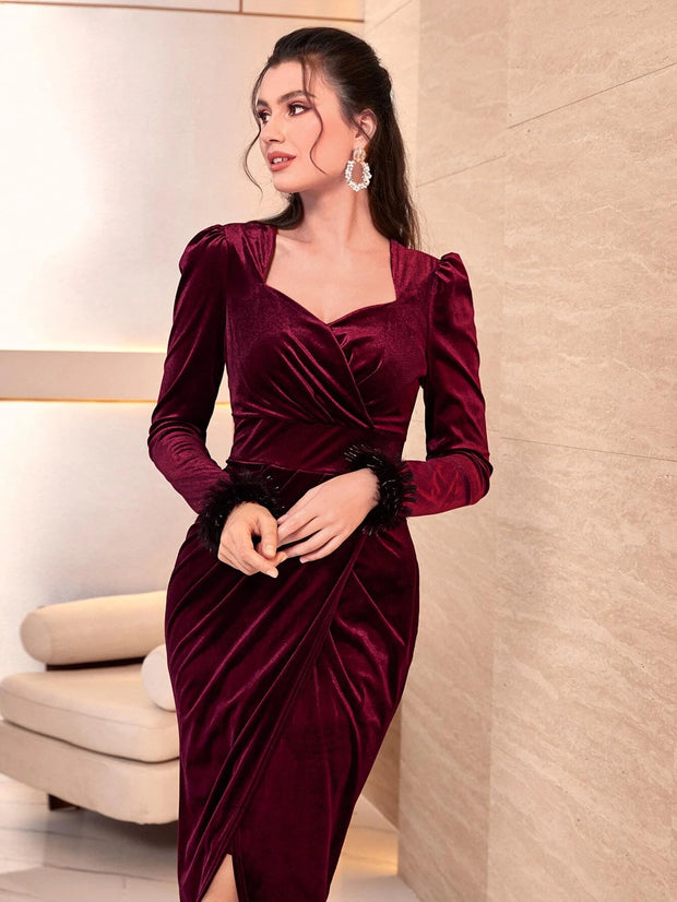 Modely Fuzzy Cuff Sweetheart Neck Wrap Hem Velvet Dress - Hues