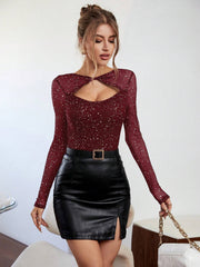 Privé Women'S Sparkling Hollow-Out Net Splice Twisted Knot T-Shirt - Hues