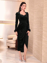 Modely Fuzzy Cuff Sweetheart Neck Wrap Hem Velvet Dress - Hues