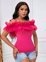 BAE Exaggerate Layered Mesh Ruffle Trim Bardot Top - Hues