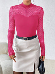 Privé Women's Rhinestone Embellished Mesh Stand Collar T-shirt - Hues
