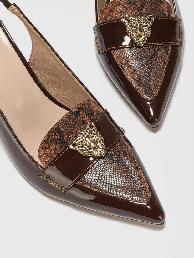 Snakeskin Embossed Metal Decor Point Toe Pyramid Heeled Slingback Pumps - Hues