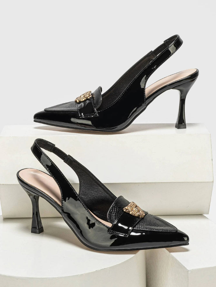 Snakeskin Embossed Metal Decor Point Toe Pyramid Heeled Slingback Pumps - Hues