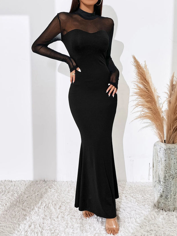 BAE Contrast Mesh Mock Neck Mermaid Hem Dress - Hues