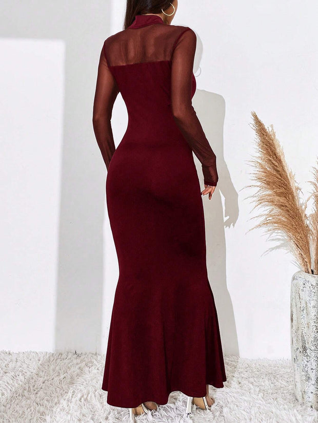 BAE Contrast Mesh Mock Neck Mermaid Hem Dress - Hues