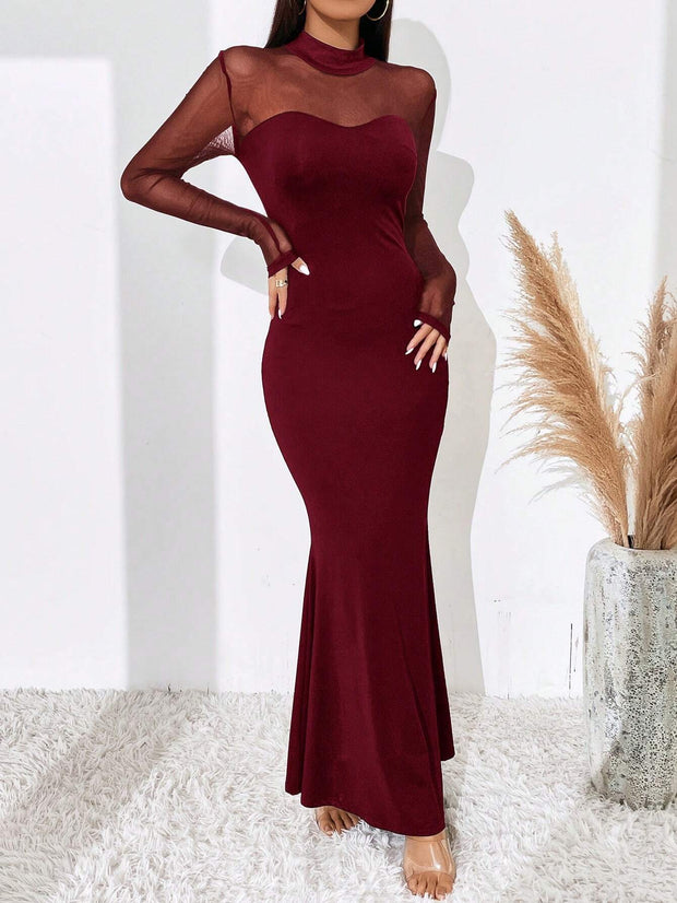 BAE Contrast Mesh Mock Neck Mermaid Hem Dress - Hues