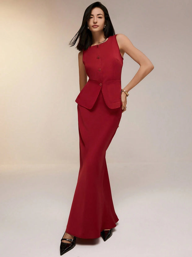 Poéselle 2 Pieces Minimalist Sharp Fashion Sleeveless Single Breasted Vest Dress Set