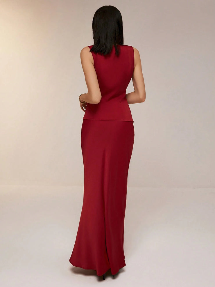 Poéselle 2 Pieces Minimalist Sharp Fashion Sleeveless Single Breasted Vest Dress Set