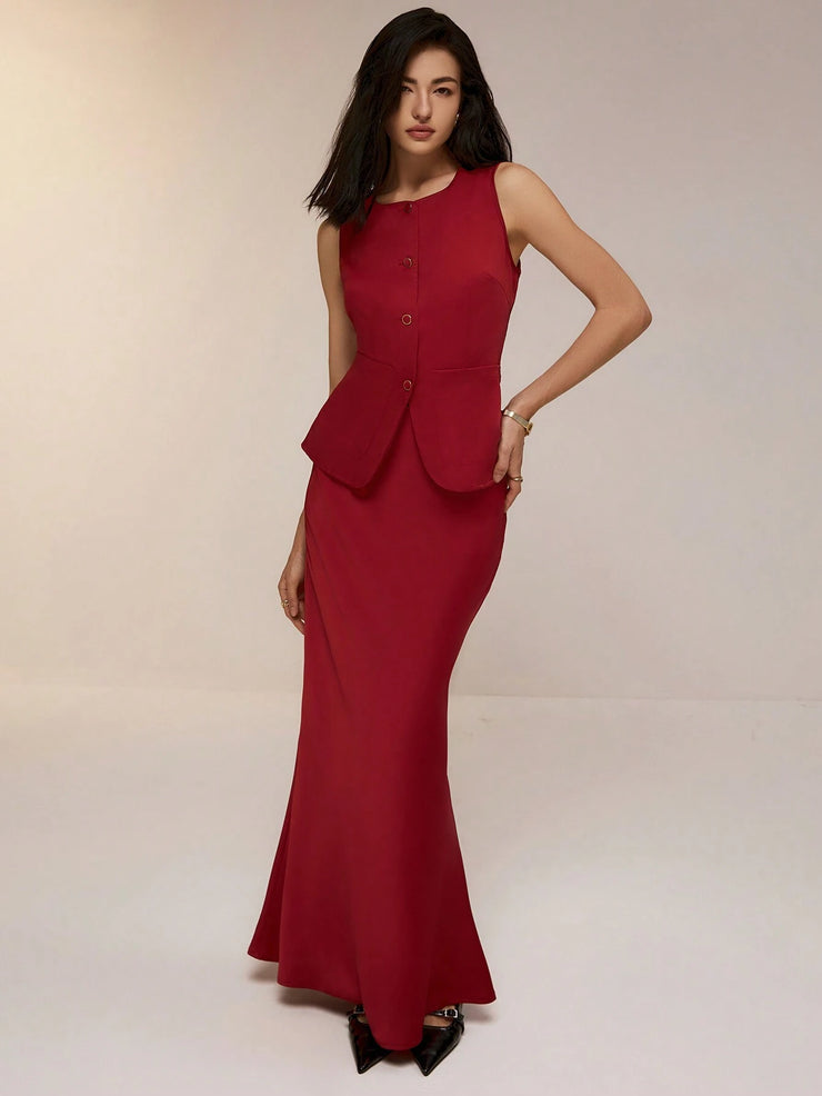 Poéselle 2 Pieces Minimalist Sharp Fashion Sleeveless Single Breasted Vest Dress Set