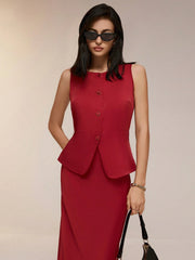 Poéselle 2 Pieces Minimalist Sharp Fashion Sleeveless Single Breasted Vest Dress Set