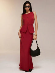 Poéselle 2 Pieces Minimalist Sharp Fashion Sleeveless Single Breasted Vest Dress Set