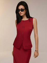 Poéselle 2 Pieces Minimalist Sharp Fashion Sleeveless Single Breasted Vest Dress Set