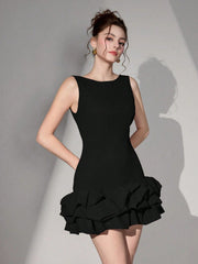 Poshira Women Short Knitted Black Mixed Material Sleeveless Backless Dress