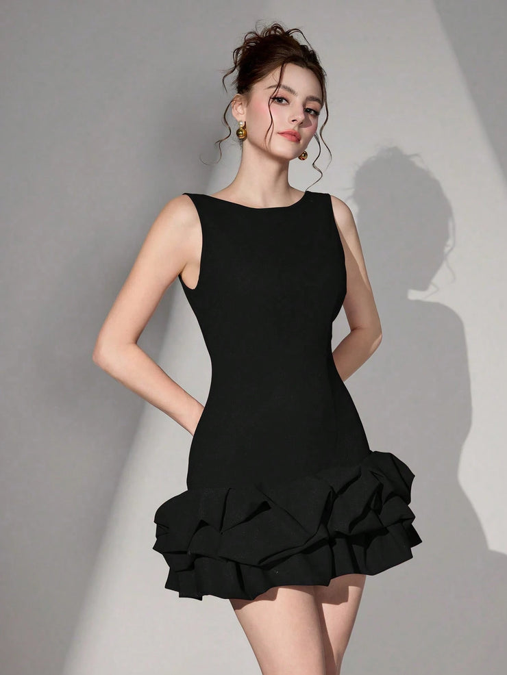 Poshira Women Short Knitted Black Mixed Material Sleeveless Backless Dress