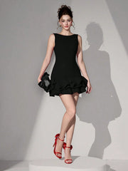 Poshira Women Short Knitted Black Mixed Material Sleeveless Backless Dress