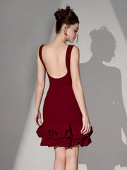 Poshira Women Short Knitted Black Mixed Material Sleeveless Backless Dress