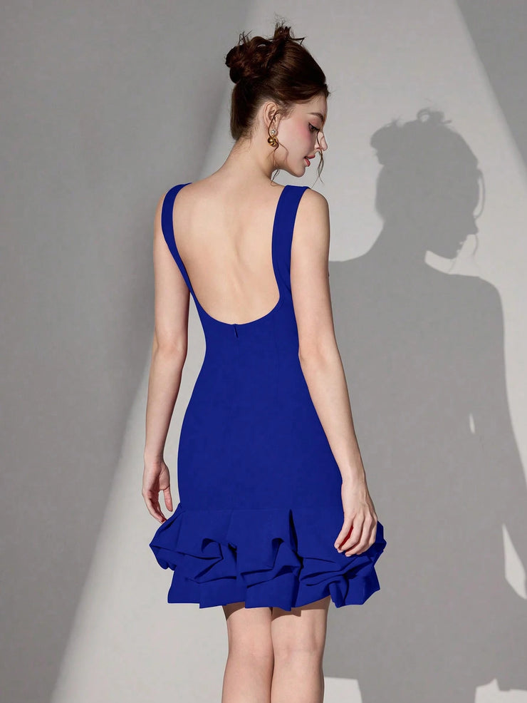 Poshira Women Short Knitted Black Mixed Material Sleeveless Backless Dress