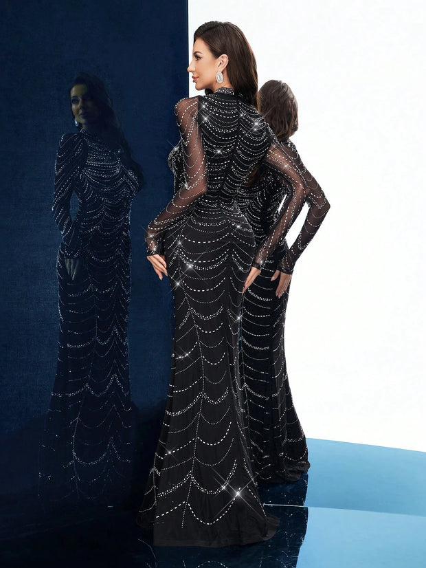 QOQ Fashionable Gorgeous Solid Color Hot Drill Standing Neck Long Sleeve Mermaid Slim Women Gown Dress