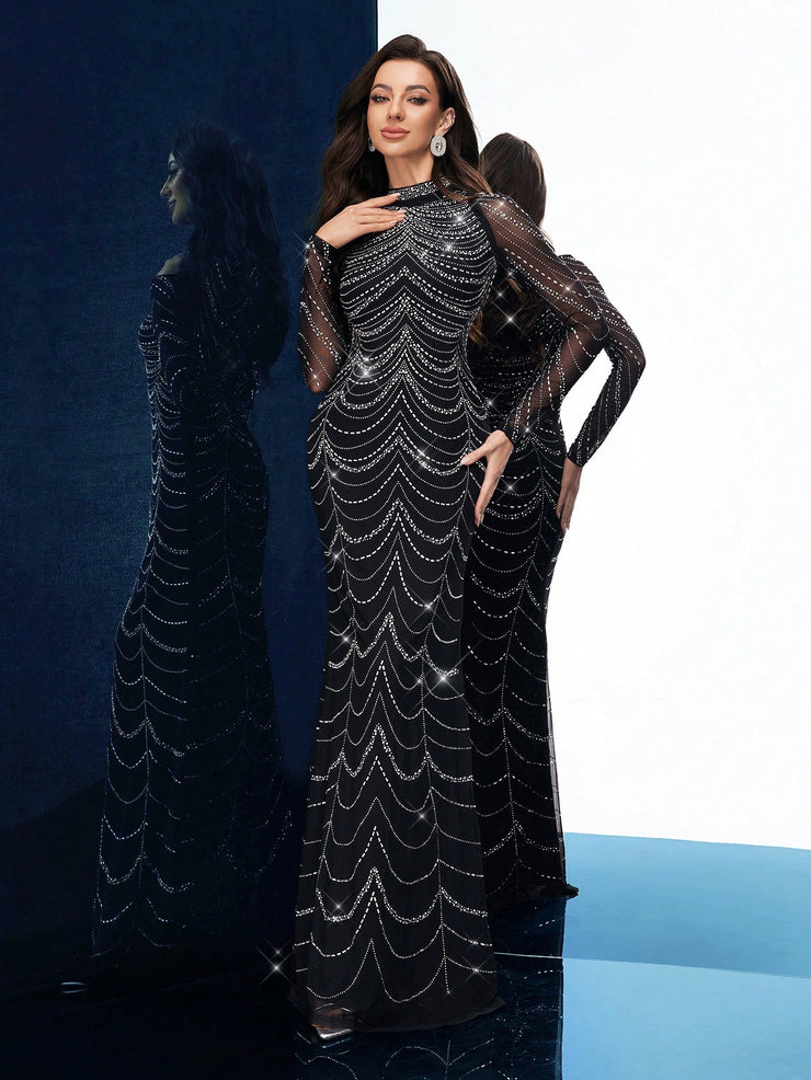 QOQ Fashionable Gorgeous Solid Color Hot Drill Standing Neck Long Sleeve Mermaid Slim Women Gown Dress