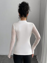 Rafferiza Women's Sexy Black Hollow-Out Mesh Silver Foil Splice Long Sleeve Slim Fit T-Shirt