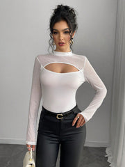 Rafferiza Women's Sexy Black Hollow-Out Mesh Silver Foil Splice Long Sleeve Slim Fit T-Shirt