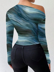 Rafferiza Marble Gradient Print Asymmetric Asymmetrical Neck Long Sleeve T-Shirt