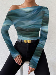 Rafferiza Marble Gradient Print Asymmetric Asymmetrical Neck Long Sleeve T-Shirt