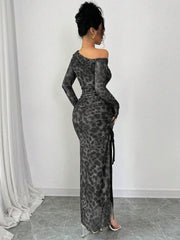 Rafferiza Elegant Tie Dye Gradient Ruched Mesh Leopard Print Asymmetrical Neck High Slit Dress Maxi Women Outfit
