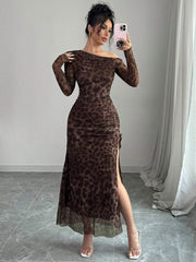 Rafferiza Elegant Tie Dye Gradient Ruched Mesh Leopard Print Asymmetrical Neck High Slit Dress Maxi Women Outfit