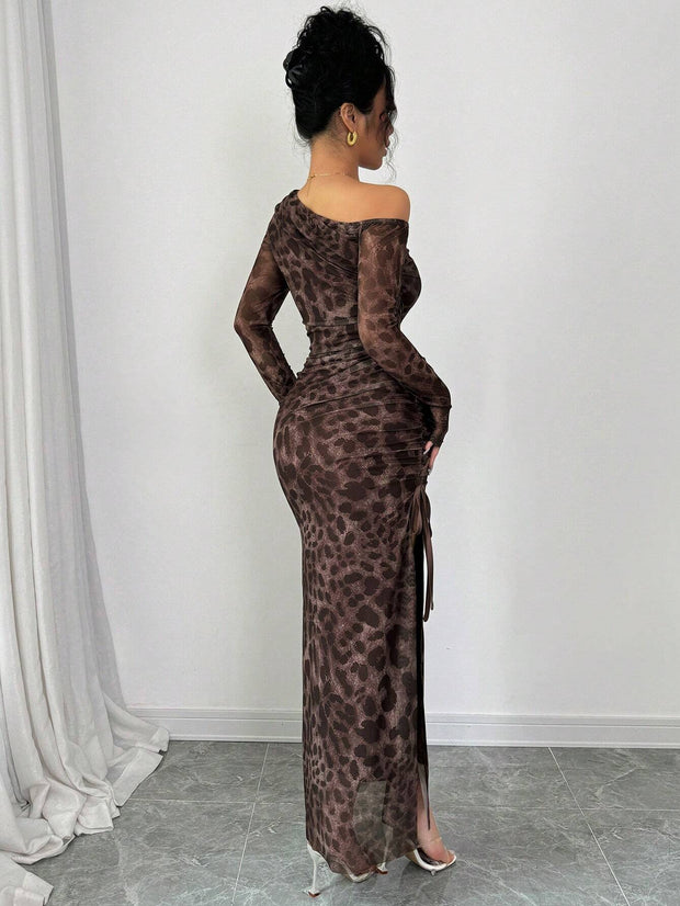 Rafferiza Elegant Tie Dye Gradient Ruched Mesh Leopard Print Asymmetrical Neck High Slit Dress Maxi Women Outfit